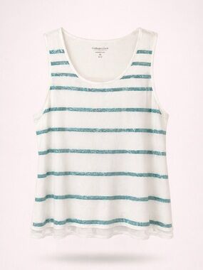 Coldwater Creek Sleeveless Top 2X White Teal Stripe Mesh Overlay Cotton Boho